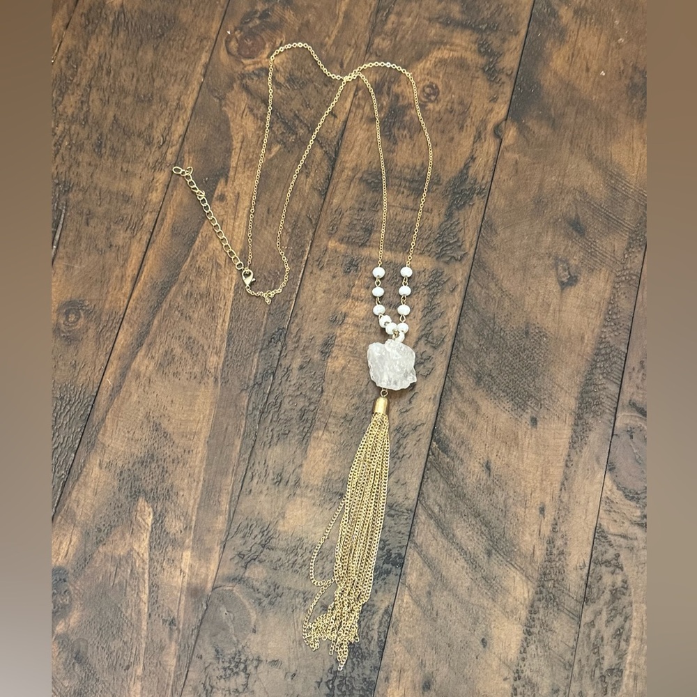 Elegant Gold and White Tassel Necklace
